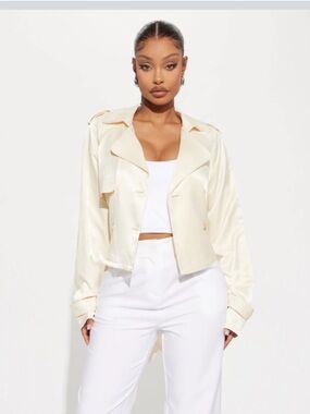 Fashion Nova Cream Double-Breasted Tie-Waist Trench Jacket